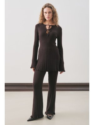 MANUKA Kahverengi Volanlı Lastik Örgü Tunik