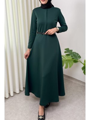 Salih Çelebi Zümrüt Yeşili Scuba Suni Deri Kemerli Elbise