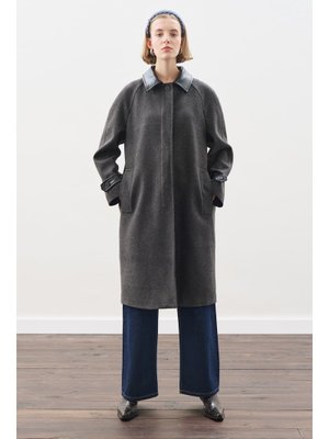 MANUKA Antrasit Deri Detaylı Kaşe Kaban