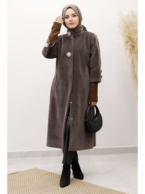 Tesettür Dünyası Kahverengi Kol Ucu Triko Detaylı Angora Fox Kaban