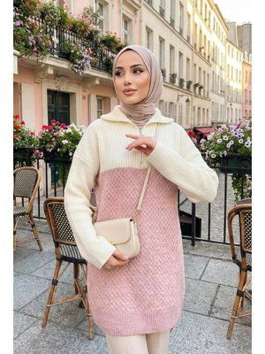 Neva Style Blok Renkli Pudra Triko Kazak Tunik 87501pd