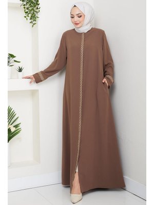Hafsa Mina Kahverengi Çiçek Nakışlı Büyük Beden Ferace