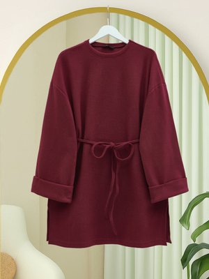 Podyumplus Bordo Kolu Katlı Beli Bağlamalı Yırtmaçlı Selanik Tunik