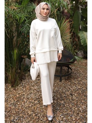 İmaj Butik Ekru Etek Ucu Pileli Tunik Pantolonlu Takım