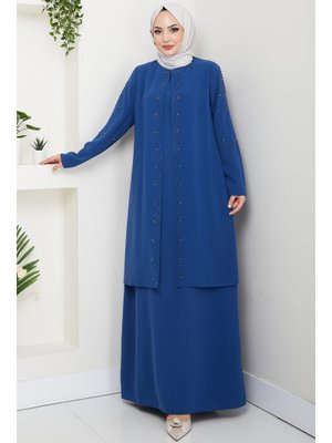 Hafsa Mina İndigo Büyük Beden Boncuklu Taşlı Anne Elbisesi