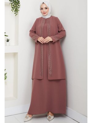 Hafsa Mina Kiremit Parlak Taşlı Büyük Beden Anne Elbisesi