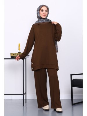 İmaj Butik Kahverengi Bisiklet Yaka Çıtçıt Detaylı Modal Takım