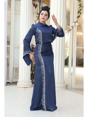 Neva Style Boncuk Detaylı Lacivert Saten 53361l