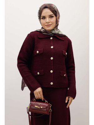 Tesettür Dünyası Mürdüm Süs Cepli Triko Hırka