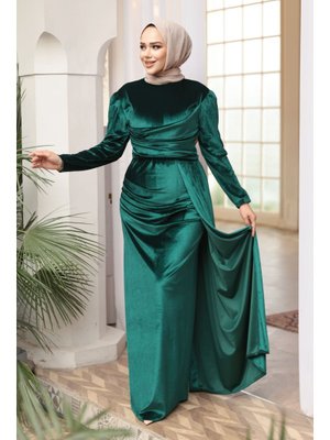 Neva Style Kuyruk Detaylı Zümrüt Yeşili Kadife Abiye Elbise 57912zy