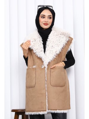 İmaj Butik Vizon Kruvaze Yaka İçi Kürklü Süet Yelek