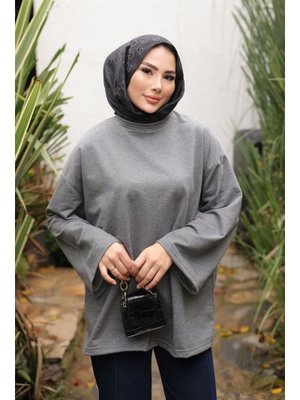 İmaj Butik Antrasit Bisiklet Yaka Oversize İki İplik Tunik