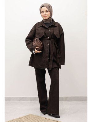 Tesettür Dünyası Acı Kahve Kemerli Denim Takım