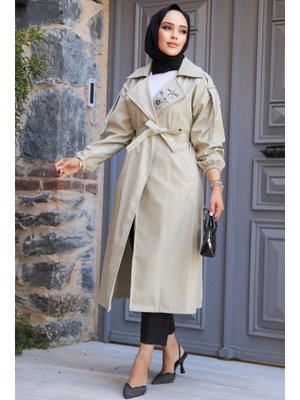 Neva Style Boncuk Detaylı Açık Haki Trençkot 639ahk