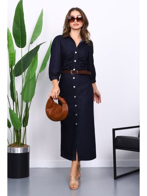 İmaj Butik Lacivert Bel Büzgülü Kemerli Kot Elbise