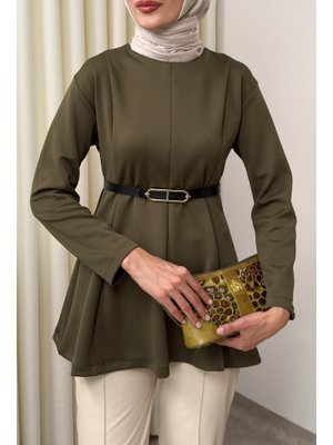 Salih Çelebi Koyu Haki Kemerli Peplum Bluz