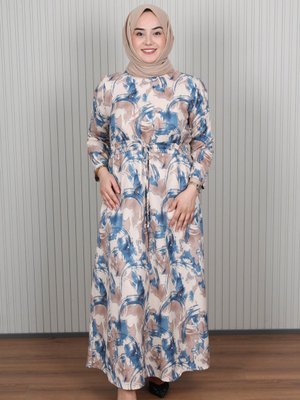 Moda Gazel Mavi Bağlamalı Detaylı Desenli Elbise