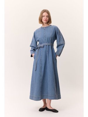 MANUKA Mavi Geniş Kol Kemerli Denım Elbise