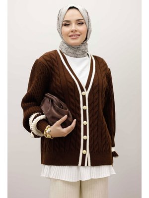 Tesettür Dünyası Kahverengi Saç Örgü Desenli Triko Hırka