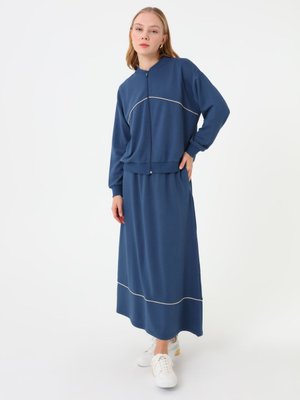 Benin Petrol Çizgi Detaylı Fermuarlı Sweatshirt Ve Uzun Etek Takım