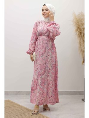 Tesettür Dünyası Pembe Şal Desen Kuşaklı Elbise