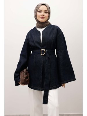 Tesettür Dünyası Koyu Mavi Kemerli Kot Ceket