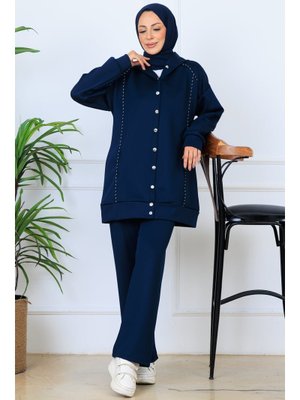 Benguen Lacivert Kapüşonlu Düğmeli Scuba Takım