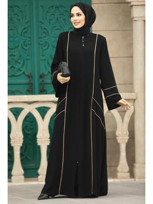 Neva Style Fermuarlı Siyah Rabia Krep Ferace 35162s