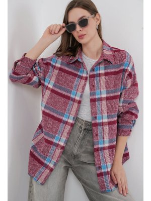 Bigdart Mor Ekose Desen Oversize Oduncu Gömlek