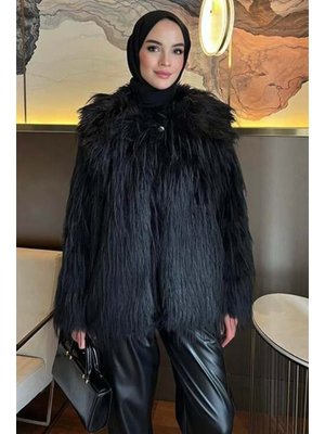 Podyumplus Siyah Peluş Uzun Kürk