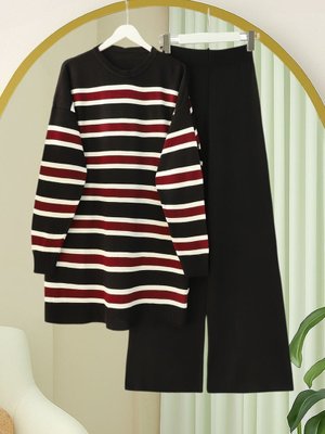 Podyumplus Siyah Yuvarlak Yaka Renkli Çizgili Salaş Triko Takım