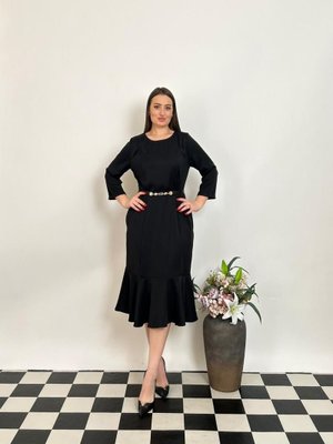 De White`s Siyah Büyük Beden Alt Etek Kısmı Balık Detaylı Kemerli Elbise