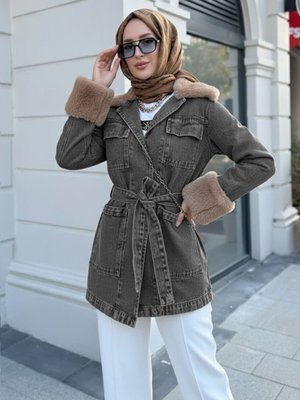 Podyumplus Füme Yakası Ve Kolu Kürklü Önü Bağlamalı Cepli Kot Ceket