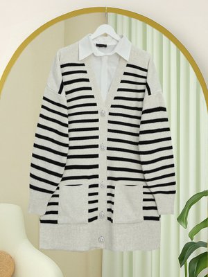 Podyumplus Taş Çift Cepli Çizgili Triko Hırka