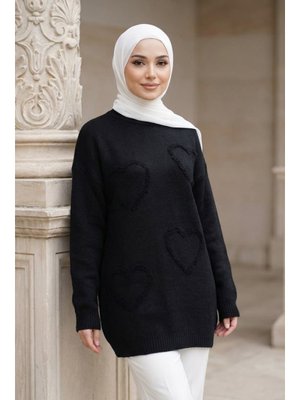 Neva Style Kalp Desenli Siyah Triko Kazak Tunik 8802s