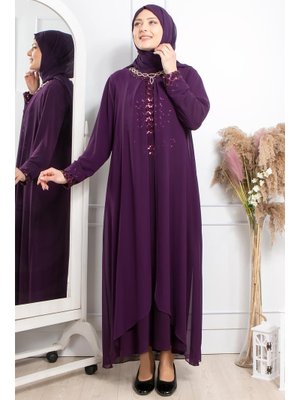 MODAVİKİ Mürdüm Taş İşleme Detaylı Payetli Elbise