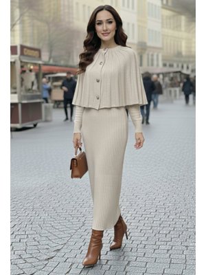 Benguen Taş Rengi Bolerolu Triko Elbise