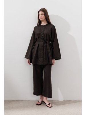 MANUKA Acı Kahve Keten Pensli Tunik