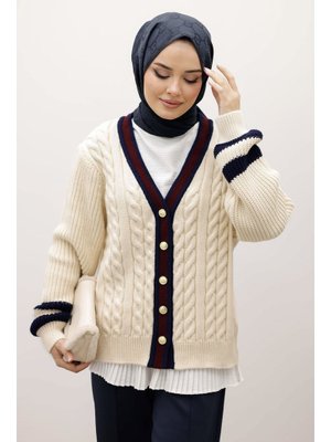 Tesettür Dünyası Bej Saç Örgü Desenli Triko Hırka