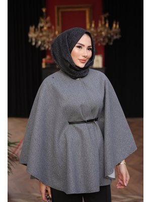 İmaj Butik Antrasit Kemerli Kaşe Panço