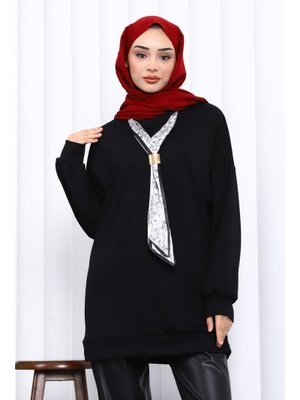 İmaj Butik Siyah Fular Aksesuarlı Modal Tunik