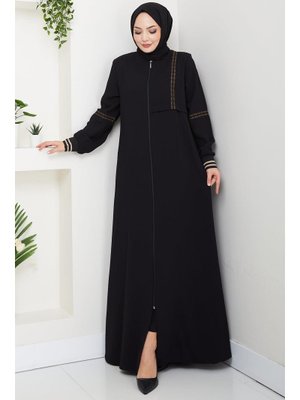 Hafsa Mina Siyah Nakışlı Ribanalı Ferace