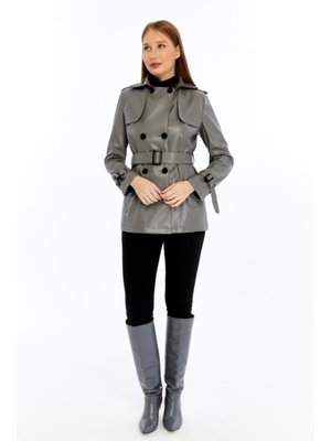 Jamila Gri Deri Trençkot/ceket