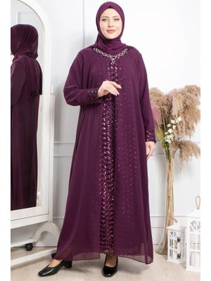 MODAVİKİ Mürdüm Taş İşlemeli Pul Payetli Abiye