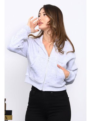 İmaj Butik Gri Kısa Kanguru Cepli Fermuarlı Üç İplik Sweat Hırka