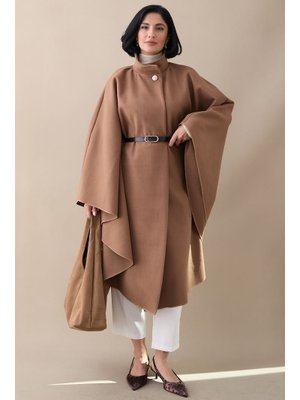 InStyle Kemerli Kaşe Sütlü Kahve Uzun Panço