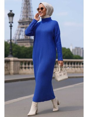 Neva Style Boğazlı Yaka Sax Mavisi Triko Elbise 34150sx