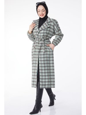 Tofisa Yesıl Kruvaze Yaka Kuşaklı Kaşe Kaban Yesil