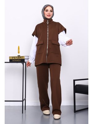 İmaj Butik Kahverengi Fermuarlı Cepli Yelek Pantolonlu Scuba Takım