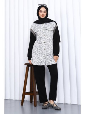 İmaj Butik Siyah Tunik Yelek Pantolon Üçlü Takım